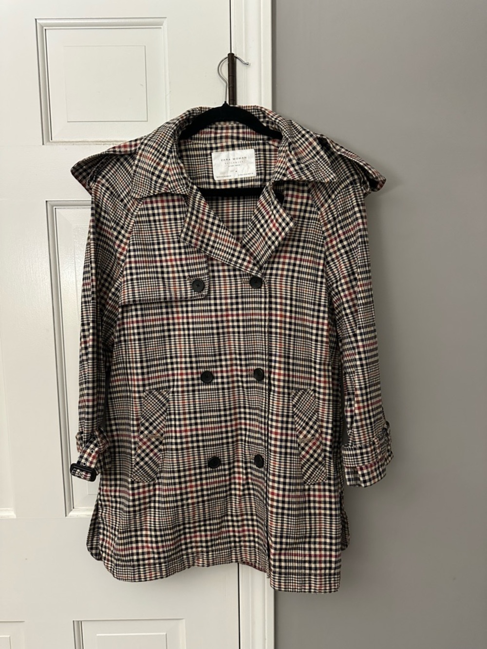 Zara Double-Breasted Plaid Pea Coat in Black, Tan & Red